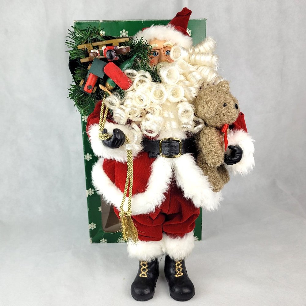 Santa Claus FIgure North Pole Express Christmas Toys Sack & Teddy 16"H VTG 1998